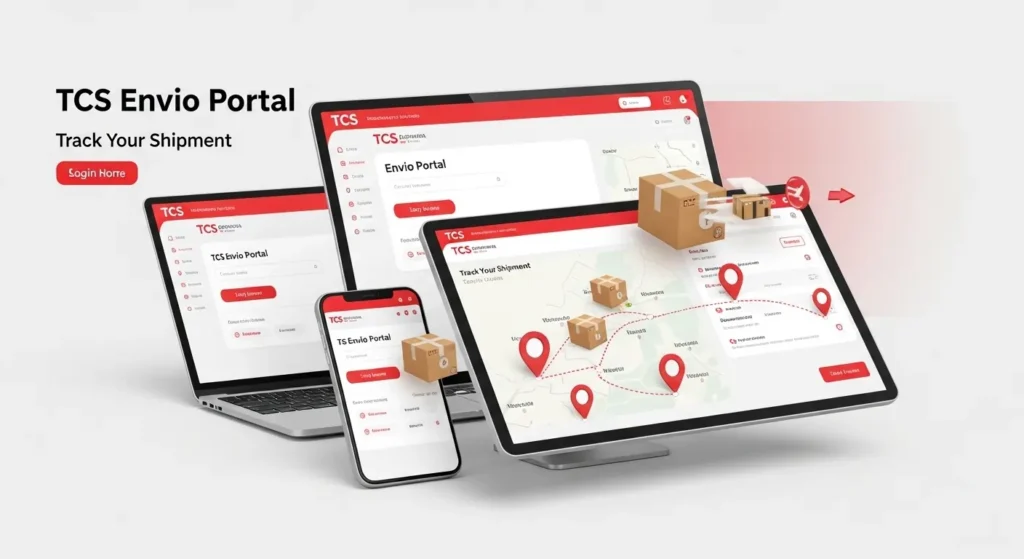 Digital dashboard of TCS Envio Portal showing shipment tracking map, parcel icons, and rate calculator interface, red and white color scheme matching TCS Express Pakistan branding.